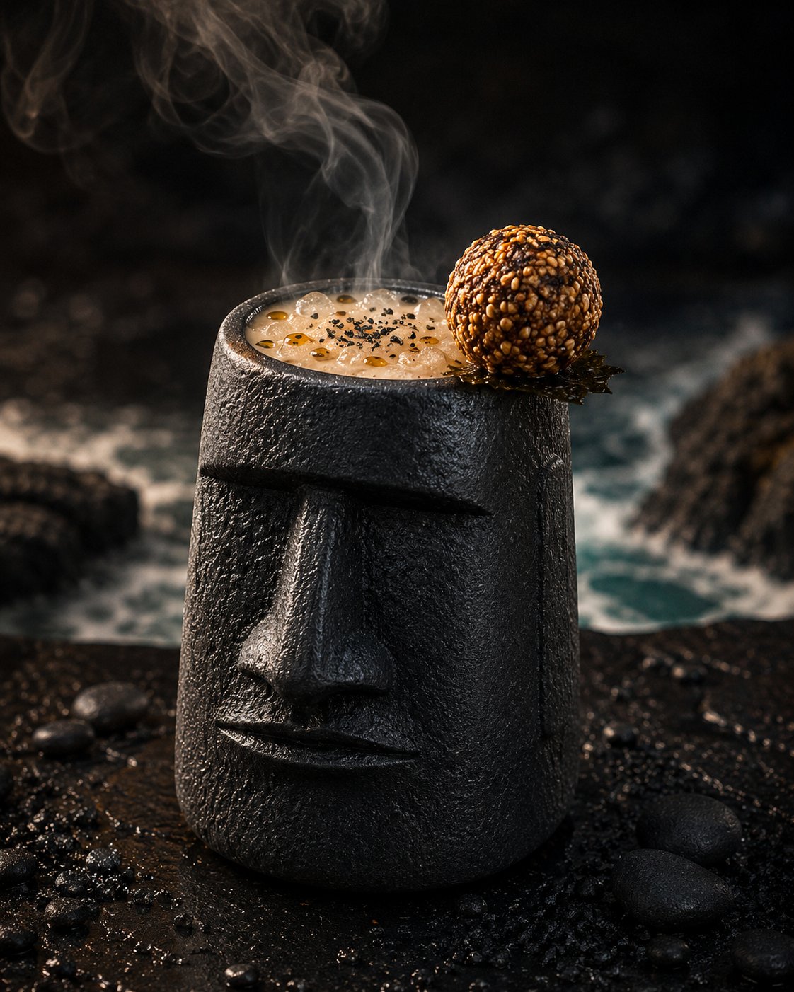 Tangata Manu, cóctel tiki de Enigma servido en un moái de Rapa Nui coronado con un huevo de sésamo